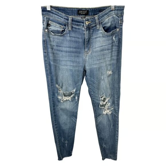 Judy BlueSize 11/30 Jeans Distressed Ripped Skinny Mid Rise Denim Grunge - Picture 1 of 3